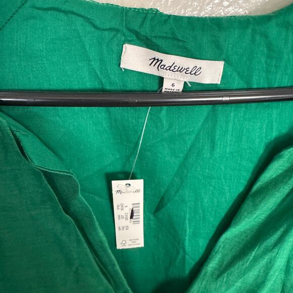 Madewell Bubble Sleeve Top Sz 6 Verdant Green Split V-Neck Pullover Cotton-Silk - Picture 6 of 9